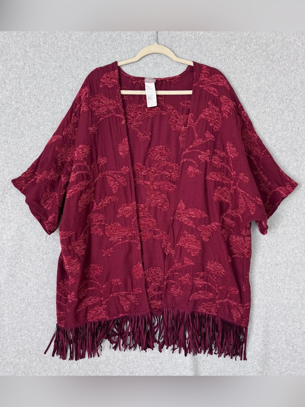 Chicos Open Front Ruana Wrap Cardigan L / XL Burgundy Chenille Floral Fringe